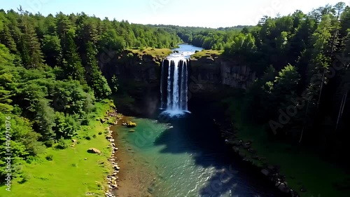 Aerial View of Waterfall Flowing into Tranquil Pool Surrounded by Forest