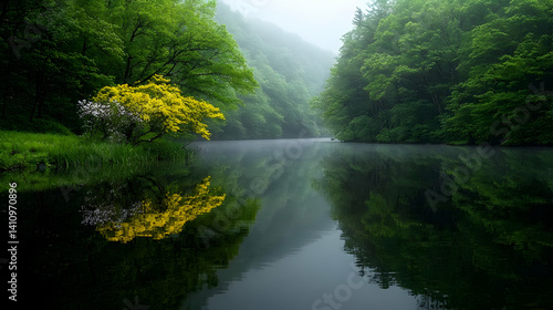 Misty River Reflecting Yellow Flowers And Trees