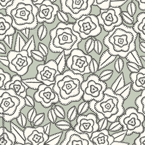 Floral embroidery vector background. Abstract seamless pattern with flowers and leaves. Lace texture. knitted by hand or machine. Granny and cottage core allover print for fabric, paper, textile, ads
