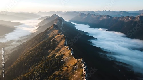 Aerial View of Mountain Ridge with Fog Filled Valley Landscape