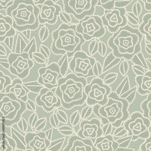 Floral embroidery vector background. Abstract seamless pattern with flowers and leaves. Lace texture. knitted by hand or machine. Granny and cottage core allover print for fabric, paper, textile, ads