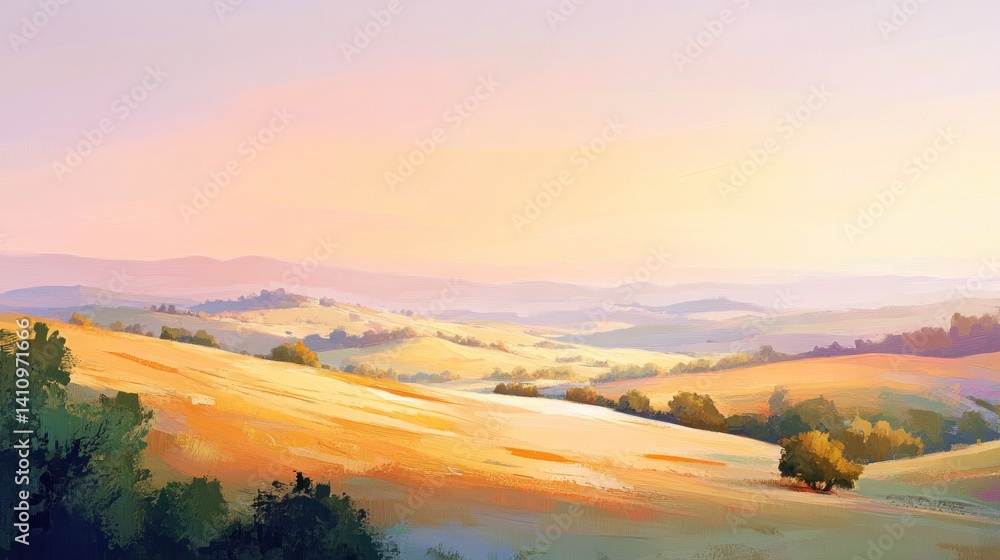 Obraz premium Painted vista of rolling hills bathed in a serene golden sunset glow