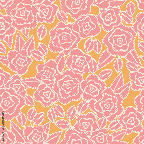 Floral embroidery vector background. Abstract seamless pattern with flowers and leaves. Lace texture. knitted by hand or machine. Granny and cottage core allover print for fabric, paper, textile, ads