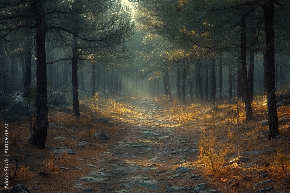 Naklejka premium Dense pine forest with soft sunlight breaking through the branches, casting shadows on the forest floor