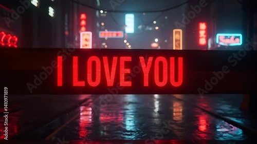 Red Neon 'I Love You' Sign Reflecting on Wet City Street