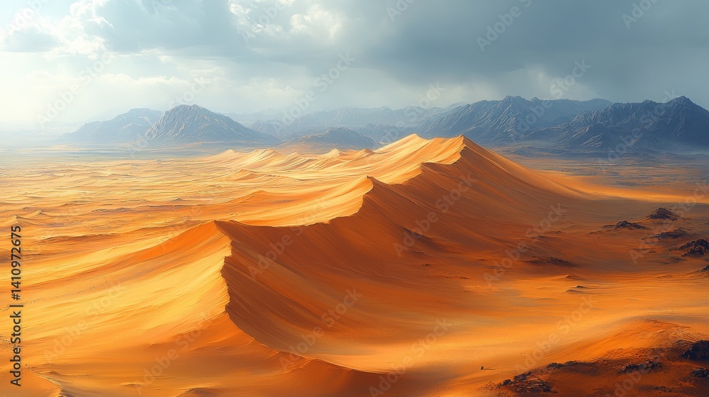 Naklejka premium dramatic desert landscape golden sand dunes sharp ripples deep shadows intense warm sunlight vast open space