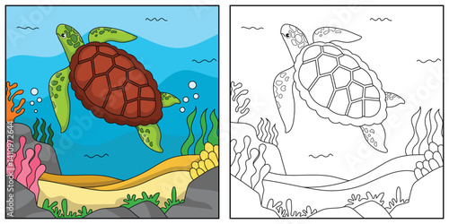 cute cartoon turtle, funny illustration, coloring book for kids and children.