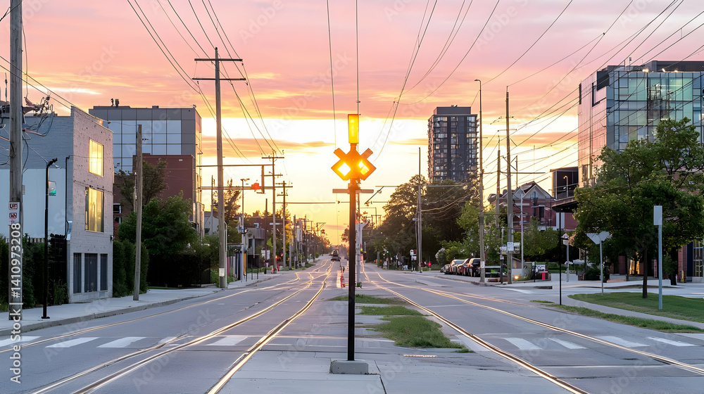 Sunrise Over Urban Street With Train Tracks Sunrise Over Urban Street With Train Tracks