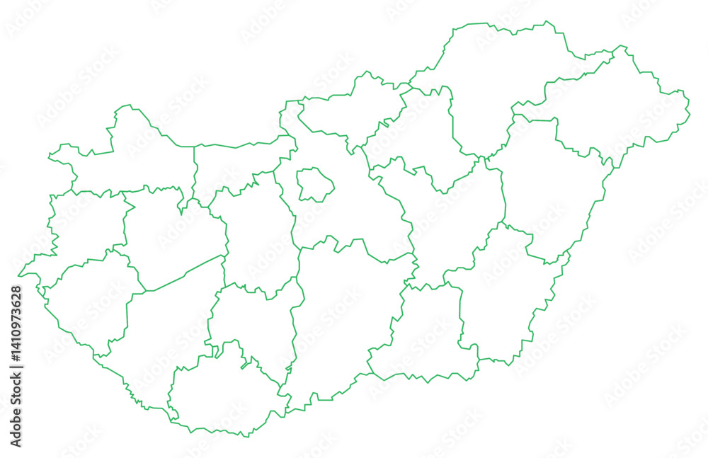 Obraz premium Green Outline Hungary Map with District Borders Europe Country