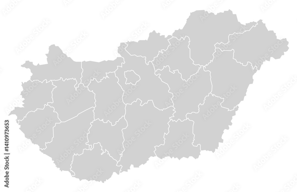Grey with White Outline Hungary Map with District Borders Europe Country Grey with White Outline Hungary Map with District Borders Europe Country