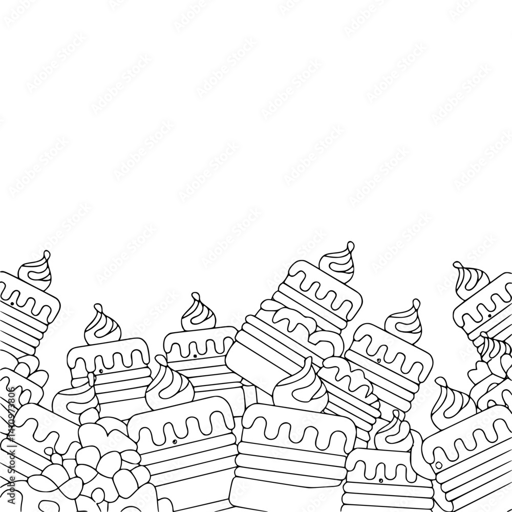 Naklejka premium Black and White Cake Slice Border: Dessert Illustration, Coloring Book Style