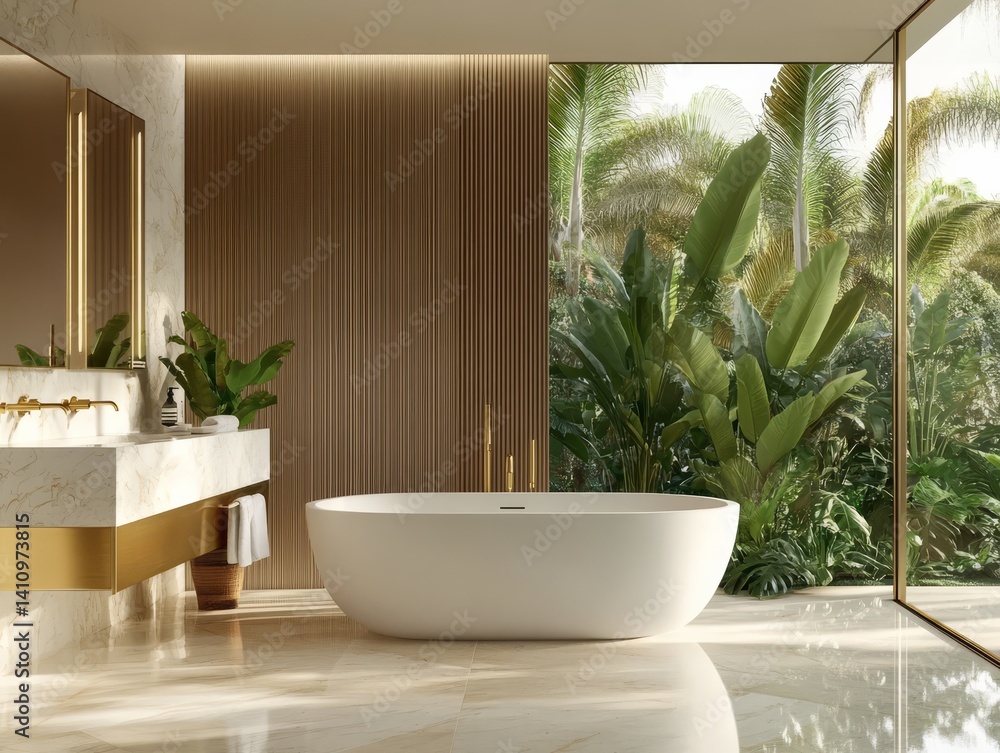Fototapeta premium elegant bathroom with marble countertops, gold fixtures, a freestanding bathtub near a large window overlooking a lush garden, minimalistic decor, and a serene ambiance 