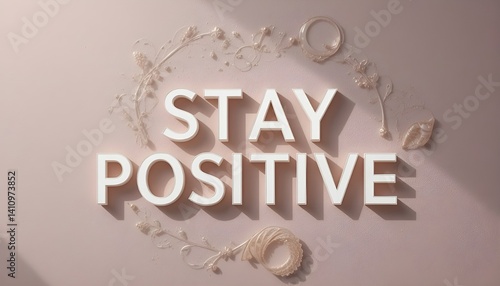 Stay Positive – 3D Typography Motivational Quote with Floral Details on Soft Pink Background