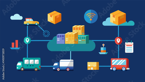 A virtual simulation of a supply chain demonstrating how realtime data can optimize the flow of goods.. Vector illustration