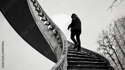 A solitary figure in a hooded jacket stands on a spiraling staircase in a desolate landscape