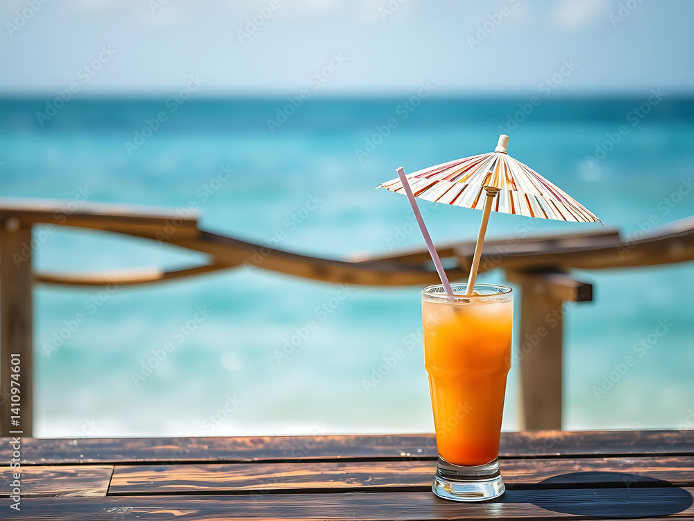 Tropical cocktail on wooden table ocean view backdrop Paper umbrella straw refreshing drink Relaxing summer vibe.