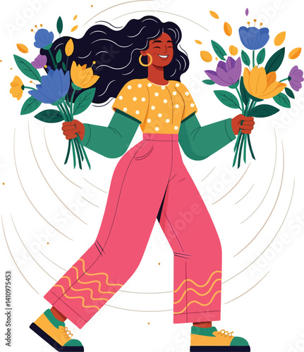 Happy Woman Carrying Colorful Flowers – Vibrant and Playful vector Illustration