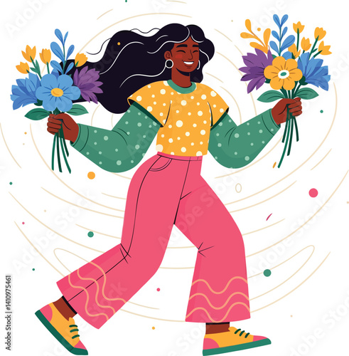 Happy Woman Carrying Colorful Flowers – Vibrant and Playful vector Illustration