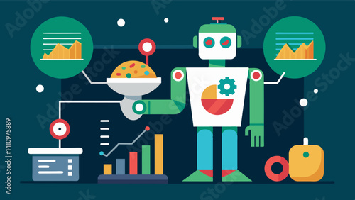 Integration of artificial intelligence and machine learning in a smart feeding system utilizing data analysis to continually improve feeding efficiency and reduce waste.. Vector illustration