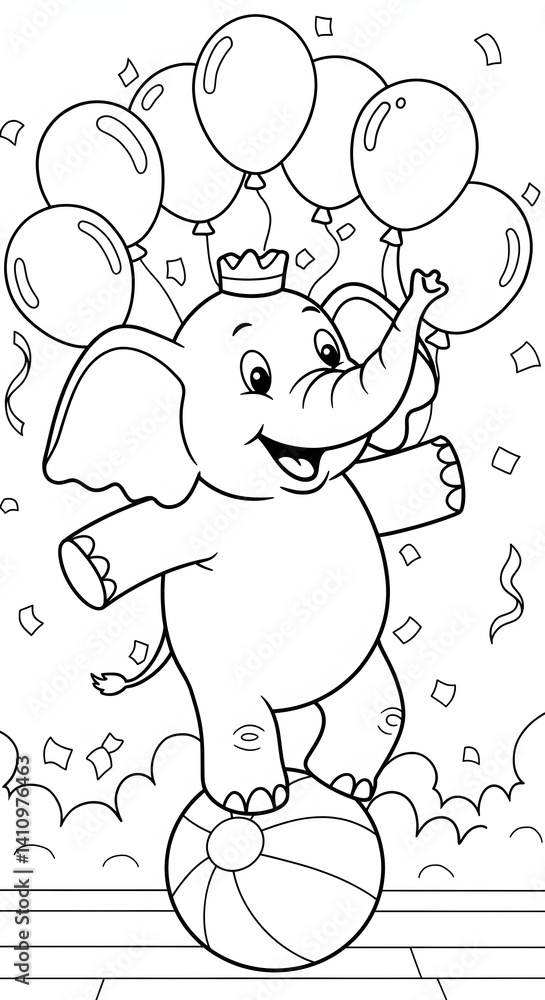 Obraz premium Line art drawing of a cartoon elephant with balloons balancing on a striped ball.