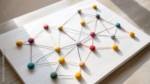 Colorful pins connected by string on a white board, symbolizing connections, network, or data visualization in a close-up, artistic presentation.
