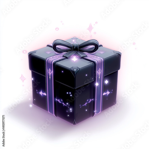 Mysterious black gift box with glowing purple ribbon is shining on white back...