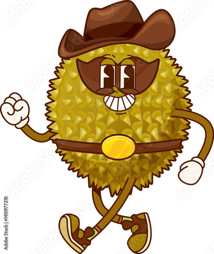 Groovy durian superhero fruit character. Isolated cartoon vector tropical super hero personage in western hat and mask. Fairytale healthy food, vitamin brave wild west durian defender ready for feat
