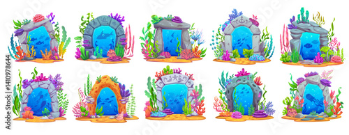 Magic game underwater sea portal, stone gate and door, vector UI assets. Cartoon fantasy arches and archways with corals, seaweeds and fishes. Magic portals and time travel teleport gates, game set