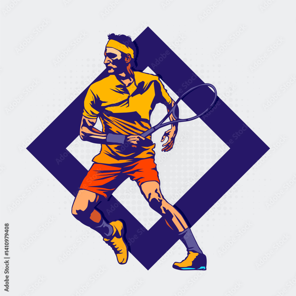 Obraz premium Colorful vector illustration of a male tennis player in action, swinging a racket with dynamic movement. Sport concept with bold shapes, energetic pose, and modern graphic style