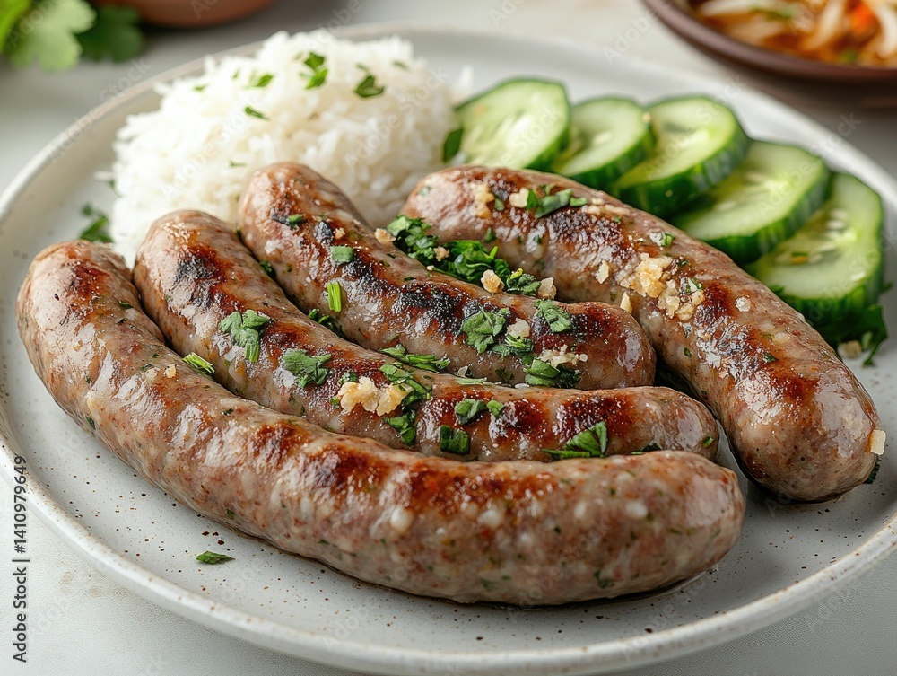 Moo Yor pork sausage with jasmine rice, fried garlic, and cucumber in a deep white bowl, topped with chopped coriander Moo Yor pork sausage with jasmine rice, fried garlic, and cucumber in a deep white bowl, topped with chopped coriander