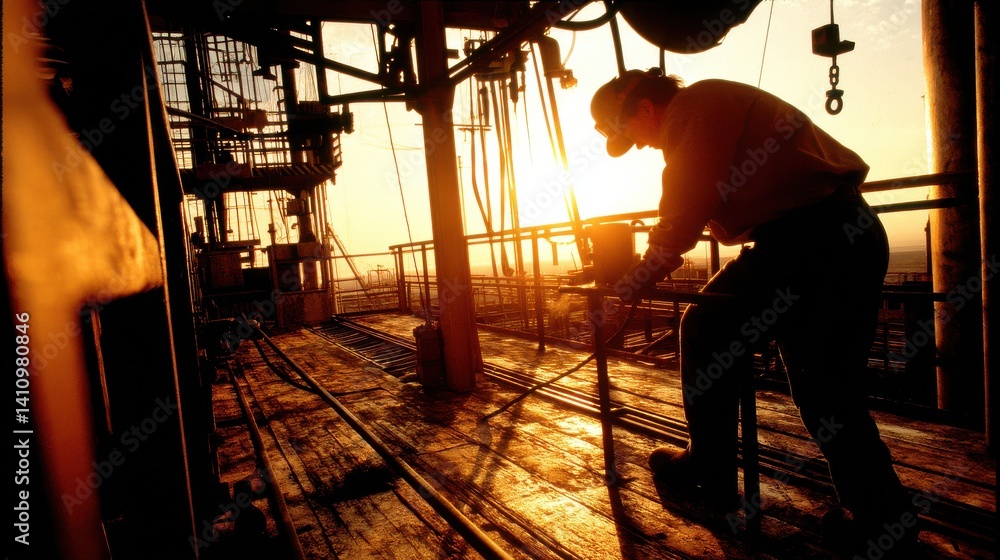 Fototapeta premium Oil Rig Worker Silhouette at Sunset