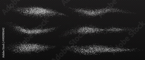 Powder salt splashes with white dust, crystals and grains realistic textures, vector 3d food seasonings. Rock or sea salt mineral crystal scatters and wave splashes set at dark transparent background