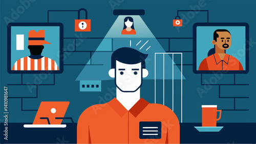 A prison using a combination of facial recognition and voice recognition to monitor inmates movements and prevent unauthorized access to restricted areas.. Vector illustration