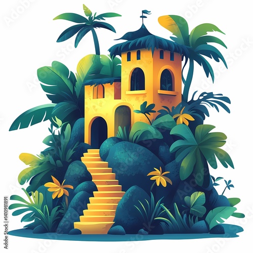 Tropical Paradise: Exotic House Illustration with Vibrant Greenery and Lush Palms on a Scenic Island Getaway