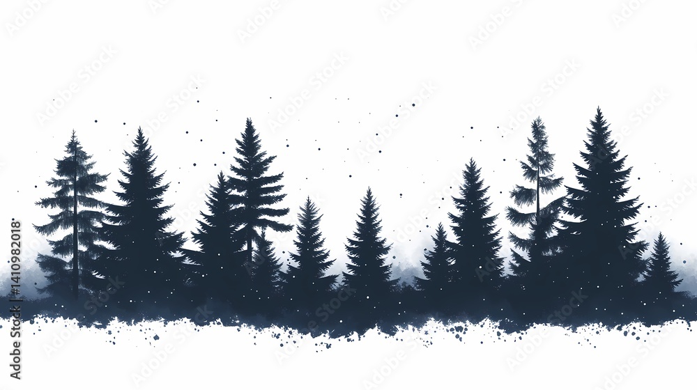 Obraz premium Winter Woodland Silhouette: Scenic Pine Forest and Tranquil Night Sky Illustration
