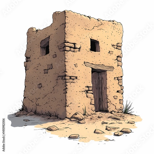 Abandoned Adobe Building in Desert: Ancient Architecture and Ruins of Historical Settlement with Sandstone Doorway Silhouettes