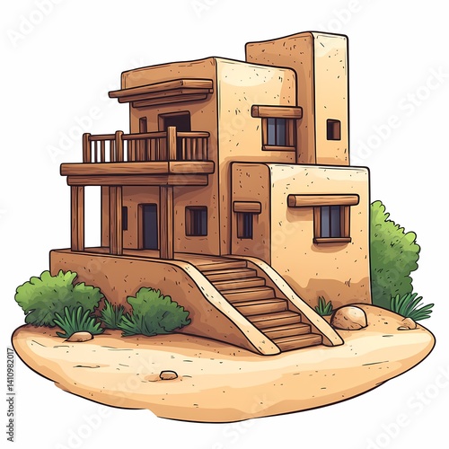 Stylized Desert House Architecture: Modern Design & Sustainability in Flat Design Illustration