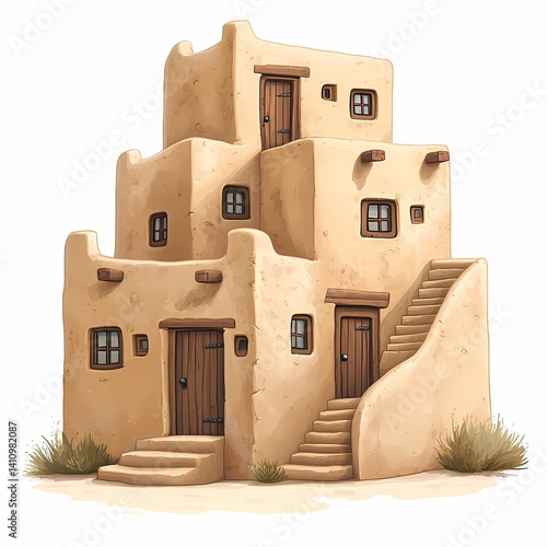 Historic Adobe Architecture in Desert Village: Iconic Earth-Toned Buildings and Scenic Landscape