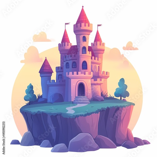 Fantasy Illustration of Fairytale Castle at Night: Vibrant Pink Towers & Enchanting Landscape