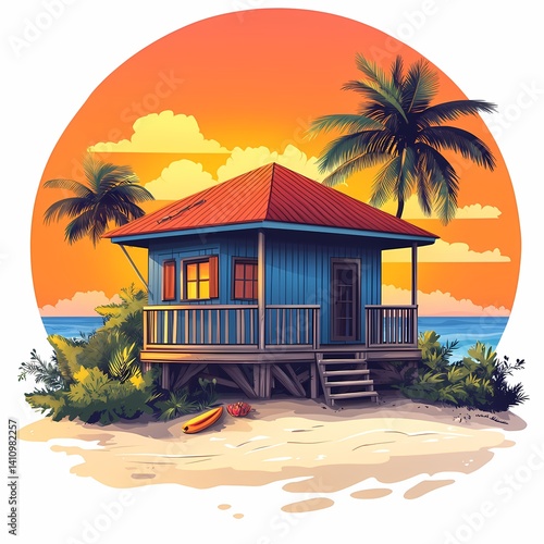 Tropical Beach House at Sunset with Palm Trees and Ocean View - Ideal Vacation Retreat and Real Estate Gem