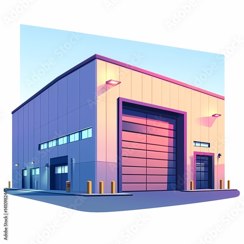 Modern Industrial Warehouse Building: Nighttime Exterior with Bright Colors and Geometric Design for Logistics and Production
