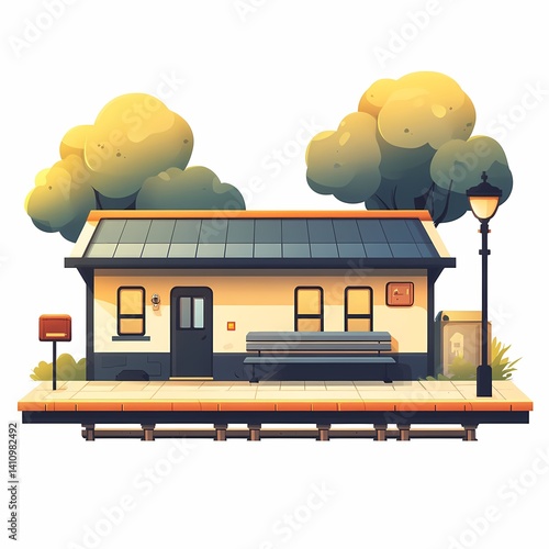 Colorful Urban Train Station Platform: Modern Graphic Illustration with Nature and Travel Scene