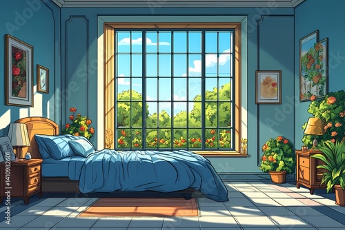 Cozy Modern Bedroom Interior with Sunlit Window and Vibrant Potted Plants for a Tranquil Home Atmosphere