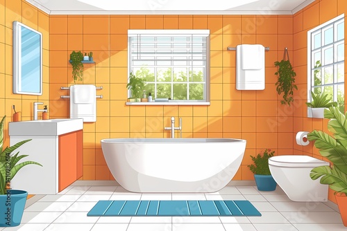 Modern Bathroom Interior Design with Orange Tiles and Vintage Bathtub in Bright Natural Light