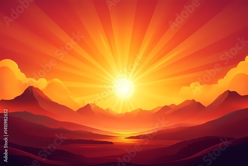 Beautiful Sunset Landscape Illustration: A Creative Vector Graphic of Orange Sky and Silhouetted Mountains
