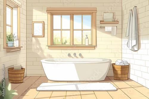 Modern Minimalist Bathroom Design with Sunlit Relaxation Tub and Cozy Interior Decor