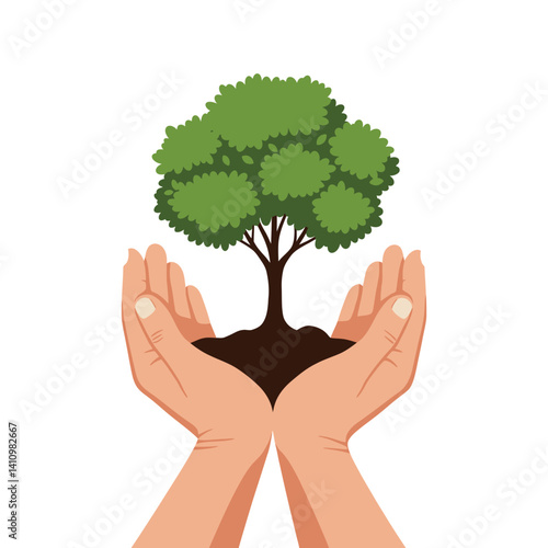 Hands holding a small tree, symbolizing growth, care, and environmental sustainability.