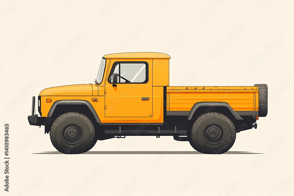 Fototapeta premium Vintage Yellow Pickup Truck Illustration - Classic Automotive Art with Rugged Aesthetics for Off-Road Adventures
