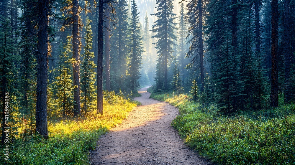 Fototapeta premium Winding nature path in serene forest morning light landscape photography tranquil environment scenic viewpoint