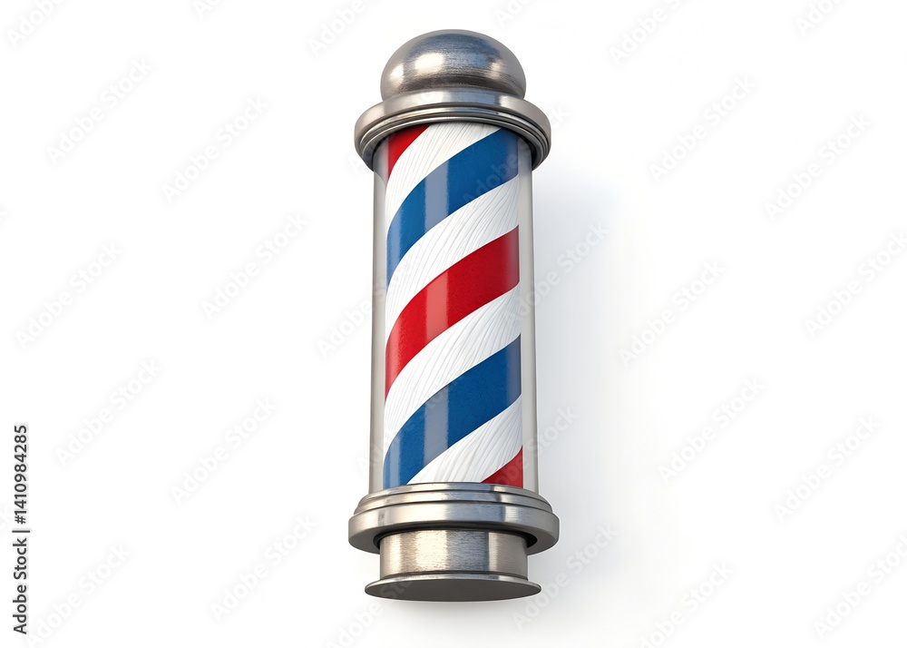 Classic Barber's Icon: A timeless barber pole, a cylindrical symbol of tradition, features spiraling red, white, and blue stripes against a clean, modern background. Classic Barber's Icon: A timeless barber pole, a cylindrical symbol of tradition, features spiraling red, white, and blue stripes against a clean, modern background.